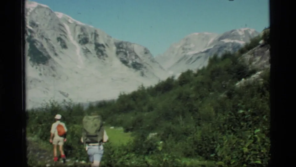 Two hikers in hats and backpacks walk through dense Glacier Bay greenery with snow-streaked mountains rising ahead.