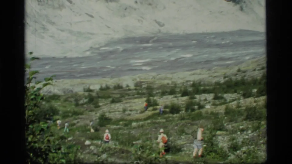 Distant hikers in Glacier Bay, Alaska, crossing rocky green ground beneath a wide glacier and mountain slopes.
