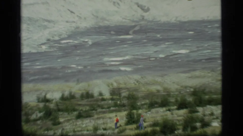 Two hikers in a Glacier Bay valley appear small against glacier ice, mountains, shrubs, and rocky ground.