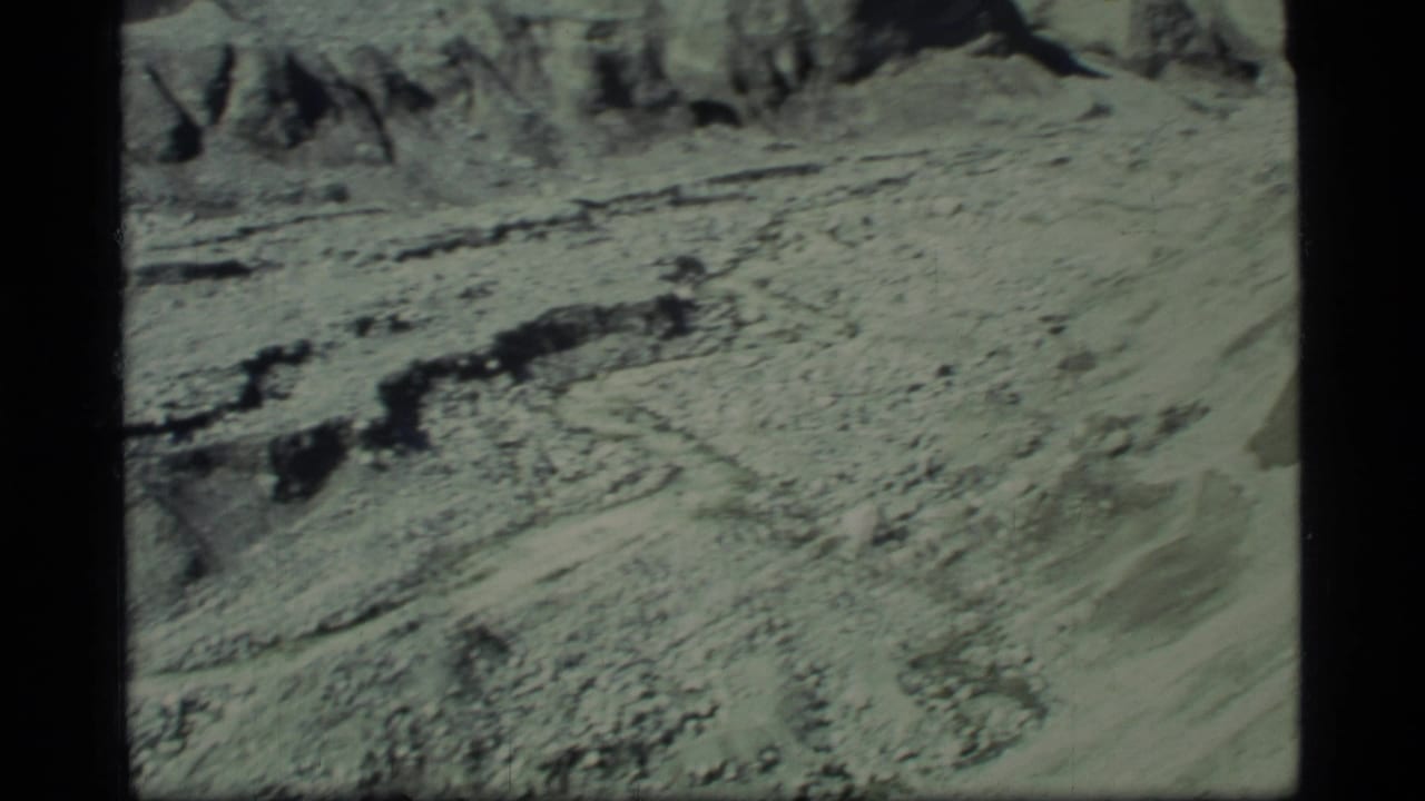Pale rocky valley floor below shadowed mountain slopes in Glacier Bay.