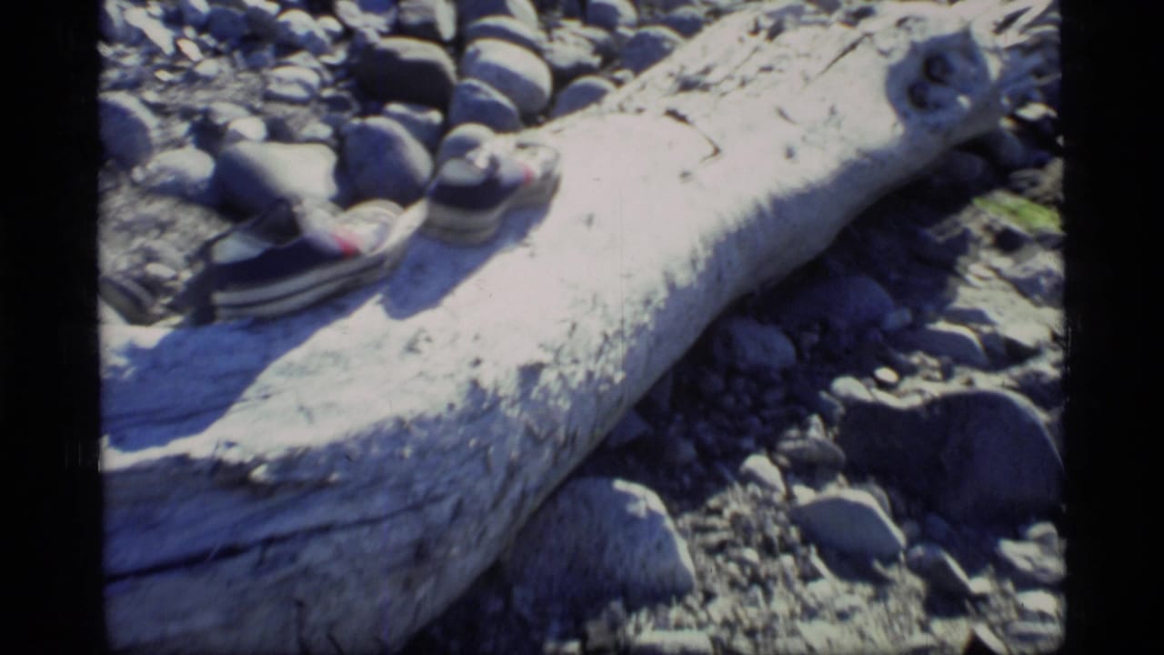 1977 Glacier Bay home-movie frame showing a blue-and-white sneaker near a sunlit weathered log on stones.