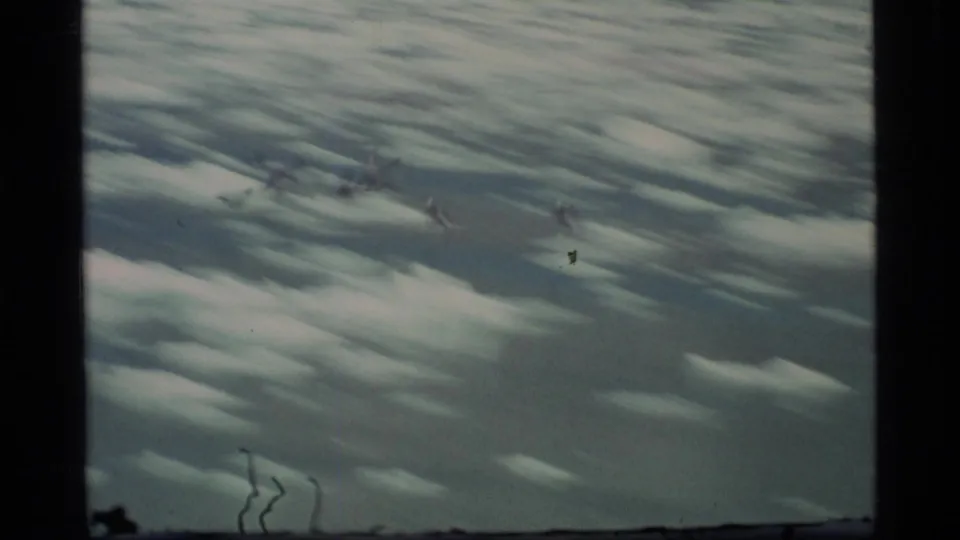 Glacier Bay, Alaska, 1977 8mm frame with distant birds over a blurred field of ice floes and blue-green water.