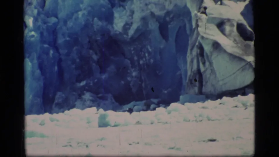 1977 8mm view of Glacier Bay ice, with blue glacier texture, scattered floes, and part of the vessel at frame edge.