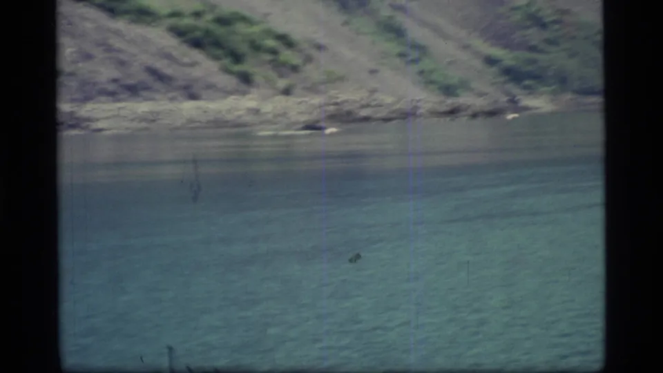 1977 Glacier Bay 8mm frame with a softer, slightly blurred view of turquoise water and a rugged hillside beyond.