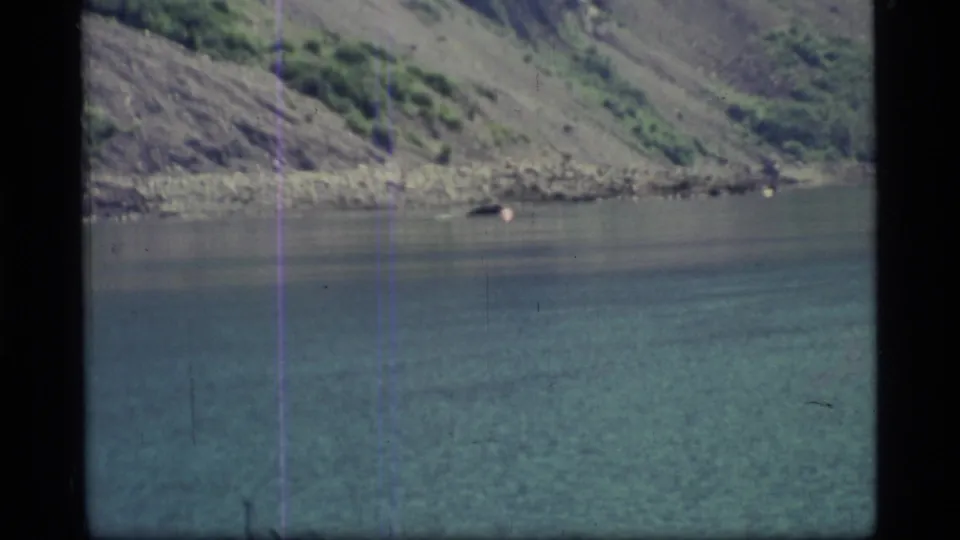 1977 8mm Glacier Bay frame showing calm water in the foreground and a steep rocky, sparsely vegetated slope behind.