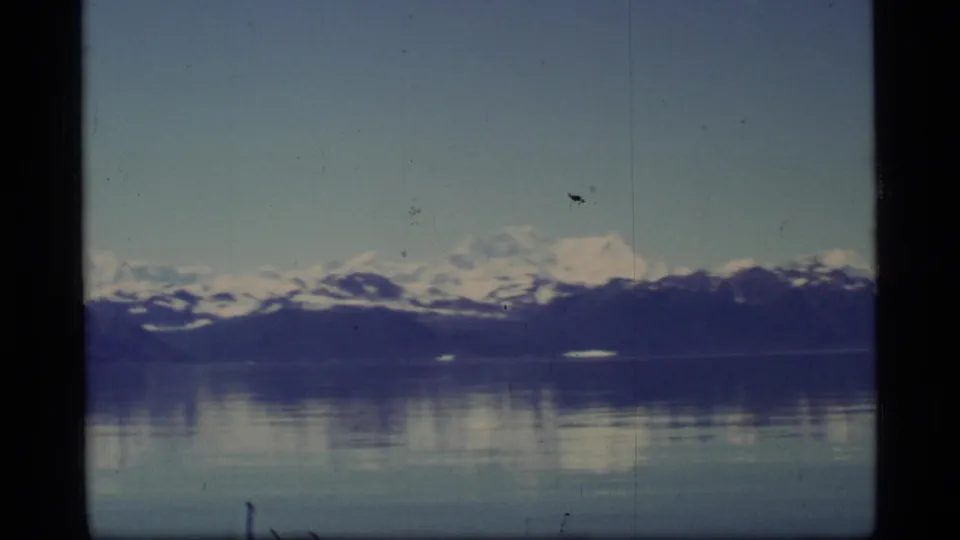 1977 8mm Glacier Bay scene showing low snowy mountains across smooth water with subtle reflections.