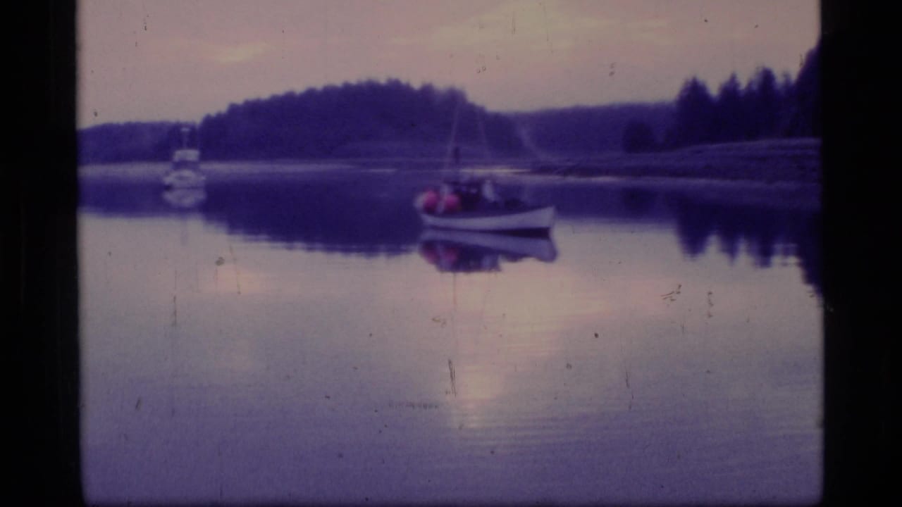 Small leisure boat on calm Glacier Bay water, with muted dusk color and distant trees visible in the 8mm frame.