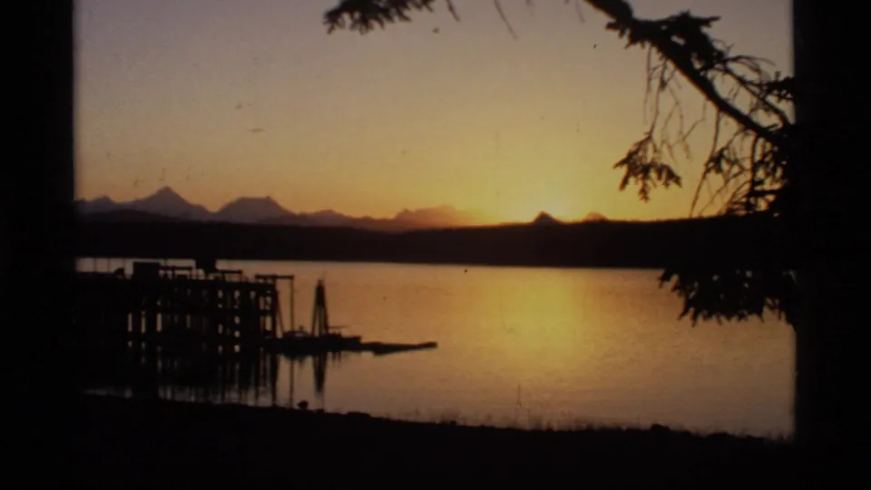 1977 Glacier Bay sunset over calm water, with mountain silhouettes, a wooden pier, and dark tree branches in the foreground.
