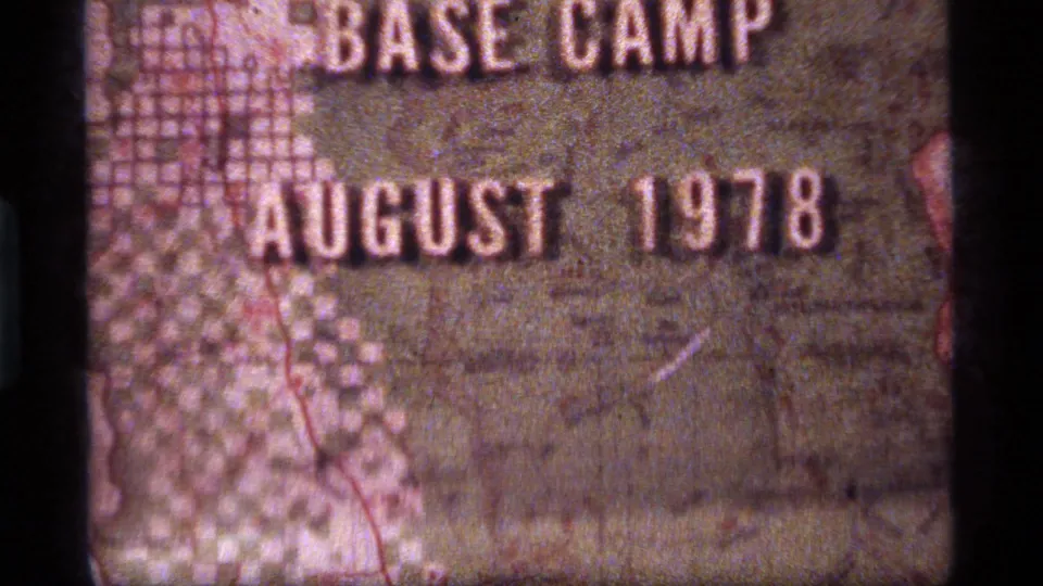 Close crop of the Sapphire Lake Base Camp title card, emphasizing the Base Camp and August 1978 lettering on faded 8mm film.