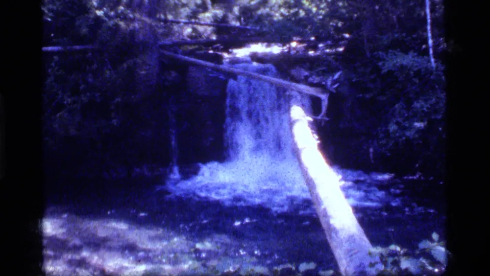 Blue-tinted 8mm frame of a small waterfall and pale fallen log crossing the stream at Sapphire Lake, Montana.