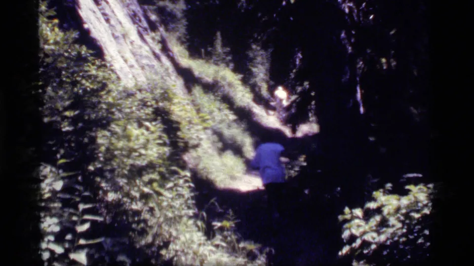 Vintage 8mm frame of a hiker in a light shirt walking away along a shaded Sapphire Lake forest path with dense plants around the trail.