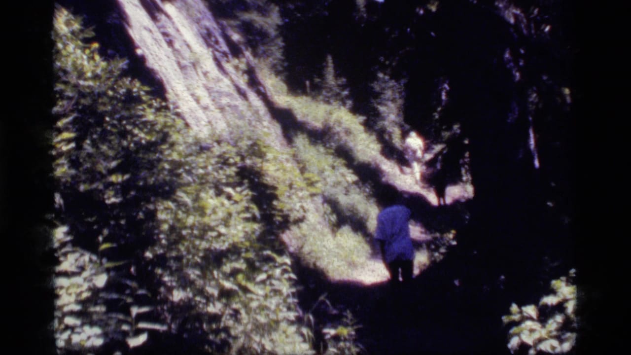 1977 Sapphire Lake, Montana 8mm frame showing a small figure in blue walking away on a sun-dappled forest path.
