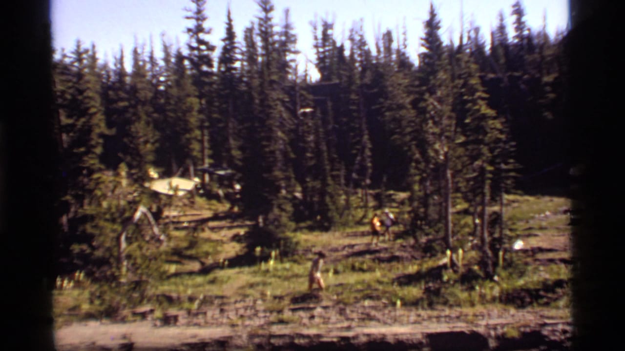 1977 Sapphire Lake, Montana home-movie frame showing a forest path, tall pines, distant walkers, and a yellow tent in a clearing.