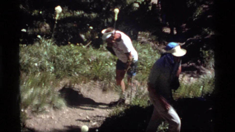 Adult hikers follow a narrow curving trail through grass and pine shade in the 1977 Sapphire Lake footage.