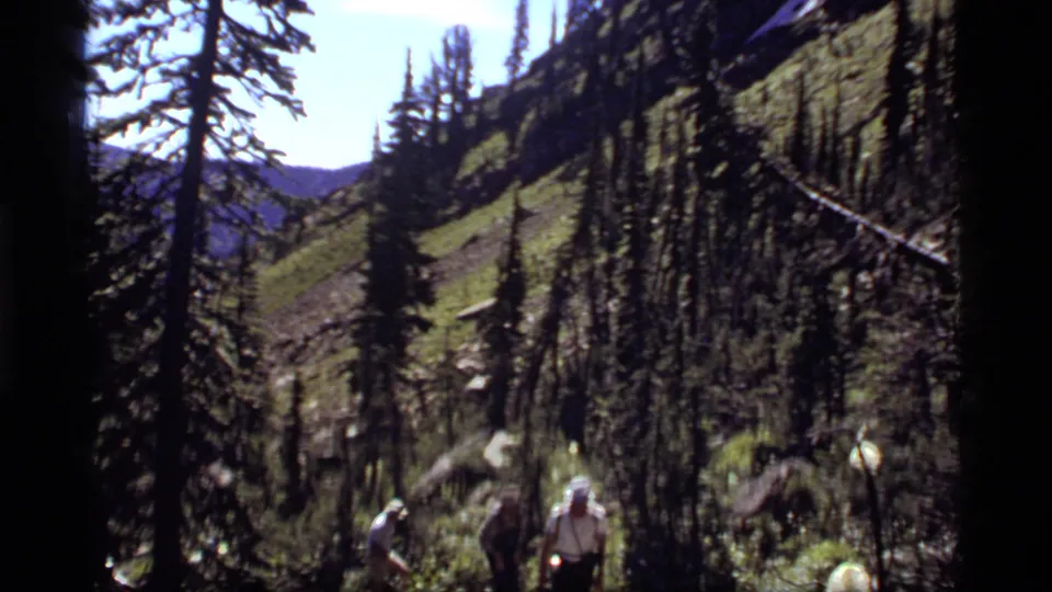 1977 8mm Montana hiking scene with several people walking through a steep pine forest on a narrow mountain path.