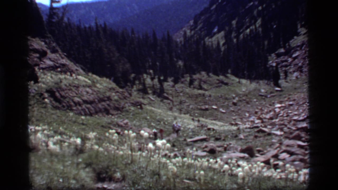 Wide 8mm home-movie frame of Sapphire Lake, Montana terrain with hikers among rocks, conifers, and pale wildflower stalks.