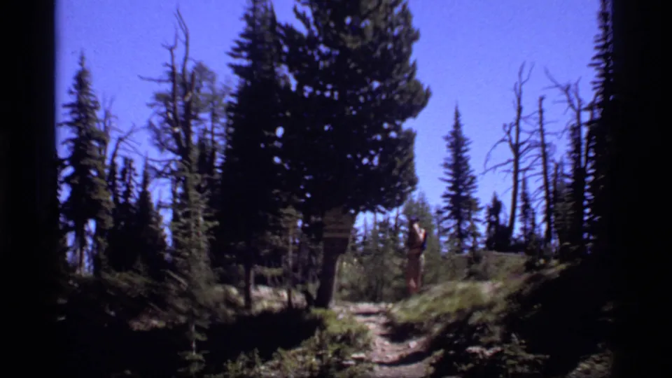 A handheld 8mm view of the Sapphire Lake area shows a hiker near a trail sign under tall pine trees.