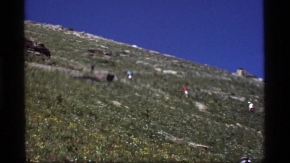 Wide 8mm frame of hikers scattered across a grassy Sapphire Lake hillside, with rocks, wildflowers, and clear blue sky.