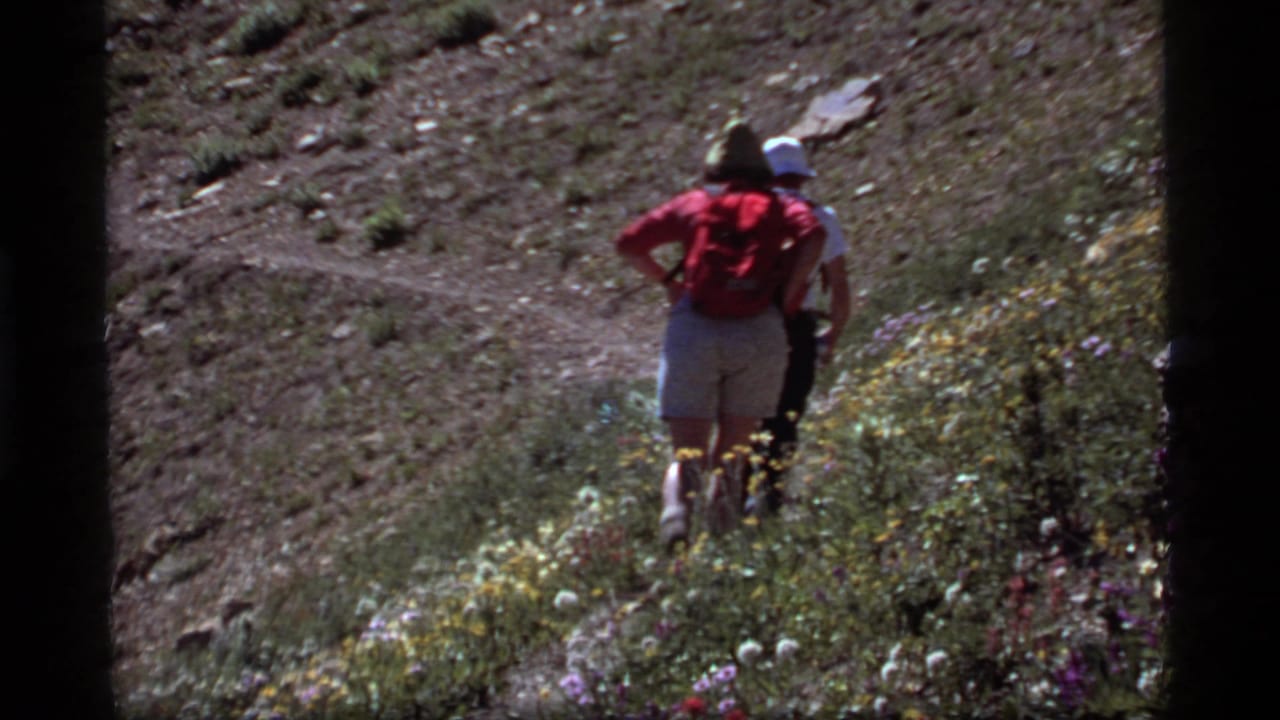 Two hikers seen from behind on a narrow mountain trail.