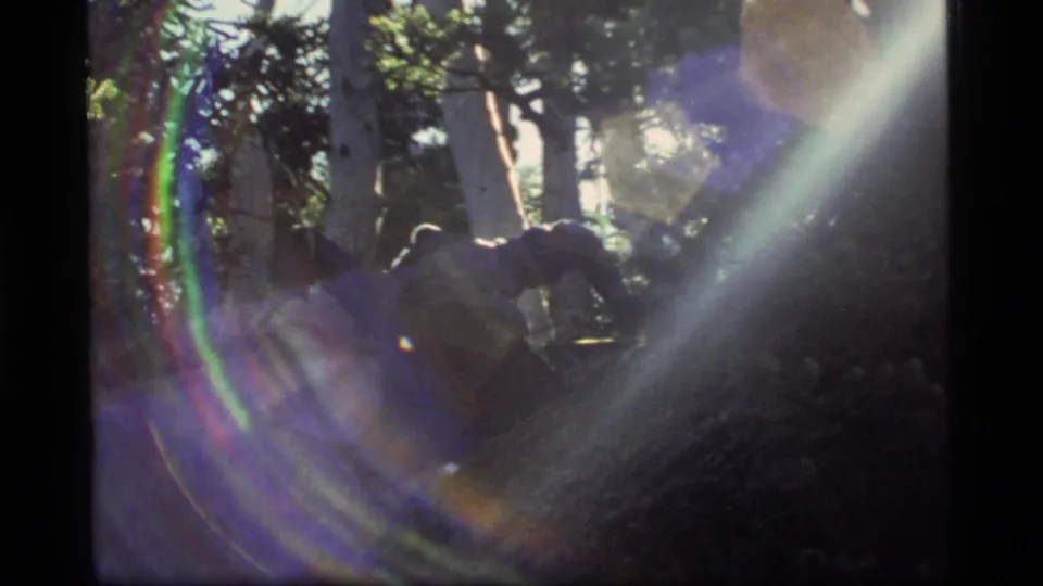 A person appears in dark silhouette in the Sapphire Lake forest, with strong sunlight and lens flare dominating the 8mm frame.