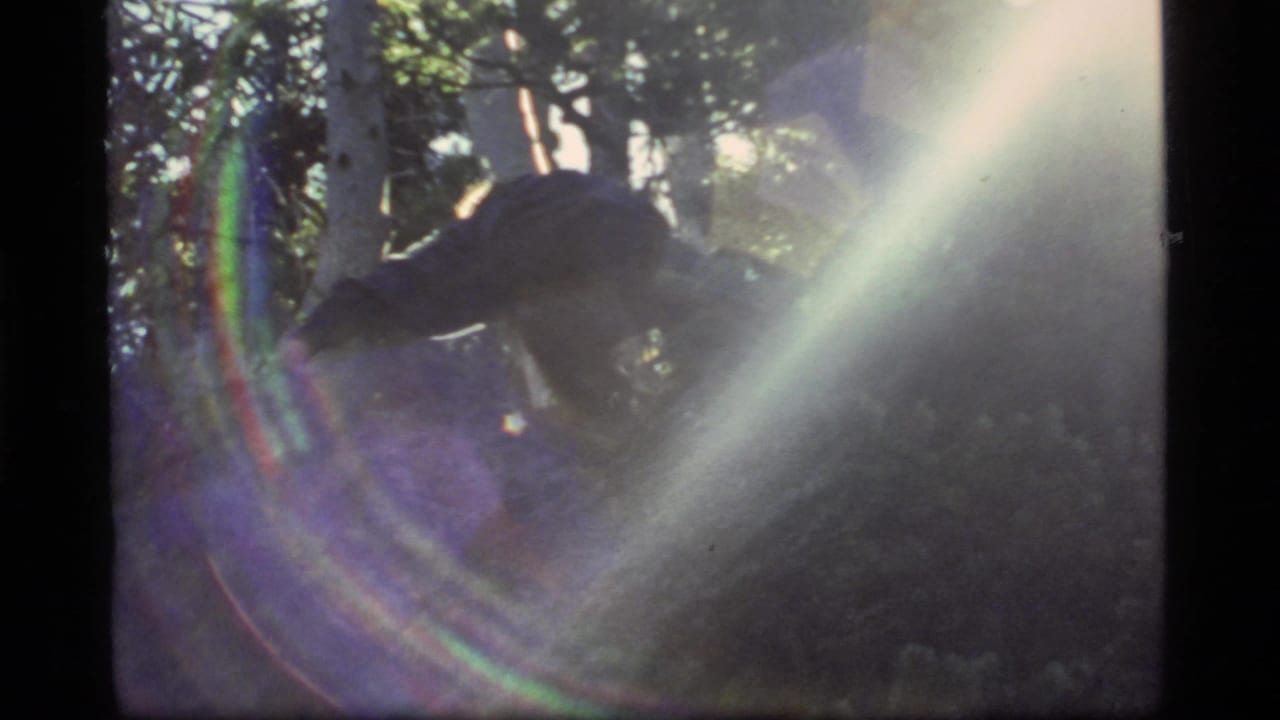 1977 Montana 8mm frame showing a dark figure in shaded woods, partly obscured by trees and strong rainbow lens flare.