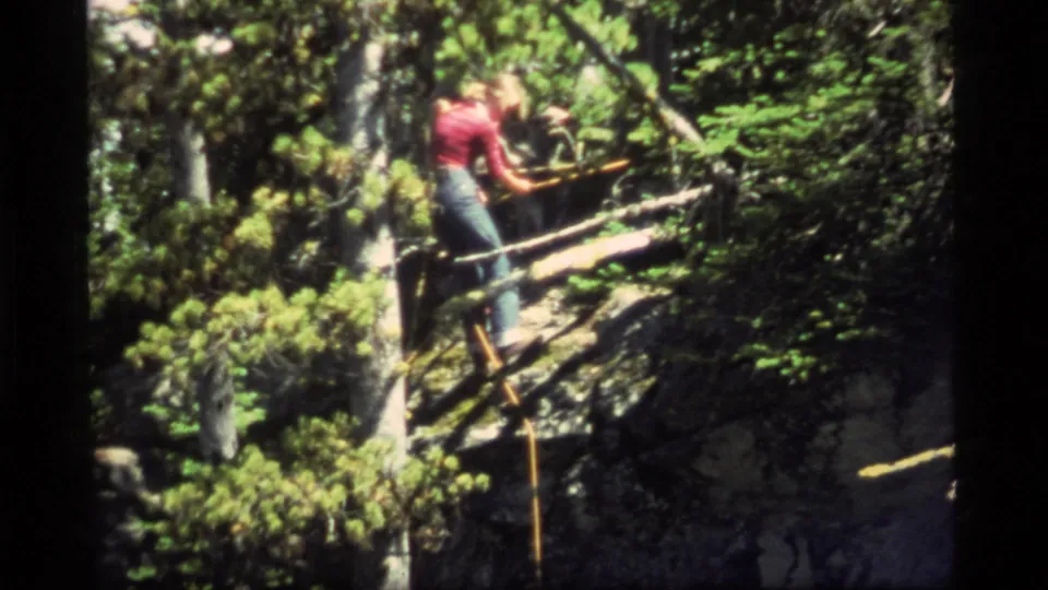 At Sapphire Lake, Montana, a person in jeans crosses a narrow log bridge amid evergreen trees and exposed rock.