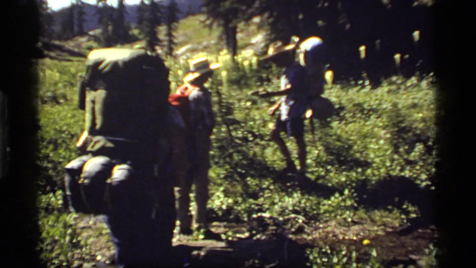 A group of 1977 hikers in Montana appears on a forest trail, carrying large backpacks through grass and dappled sunlight.