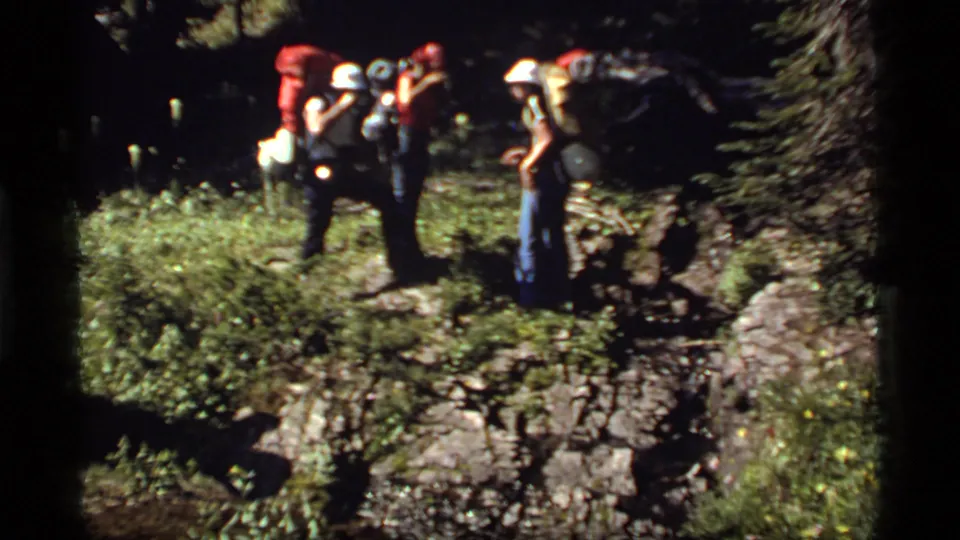 Hikers in hats and shorts stand with large backpacks on a sun-dappled forest trail in the Montana home-movie clip.