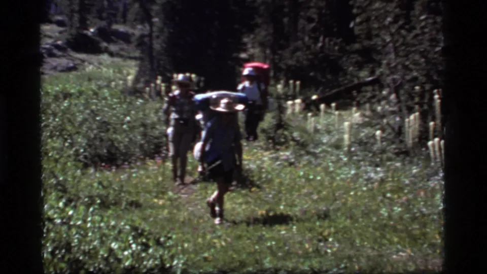 Group of hikers with packs and hats move along a grassy Montana forest trail, recorded in handheld 8mm home-movie style.