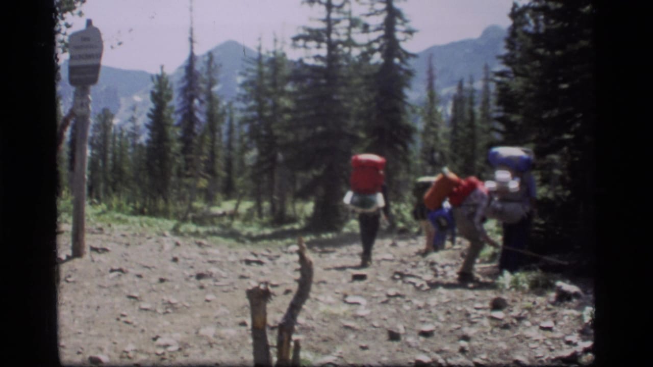 The group continues away along the rocky trail in the Sapphire Lake area, carrying bright packs under tall trees and mountain slopes.