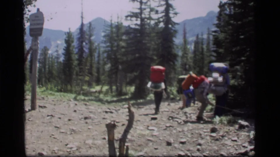 The group continues away along the rocky trail in the Sapphire Lake area, carrying bright packs under tall trees and mountain slopes.