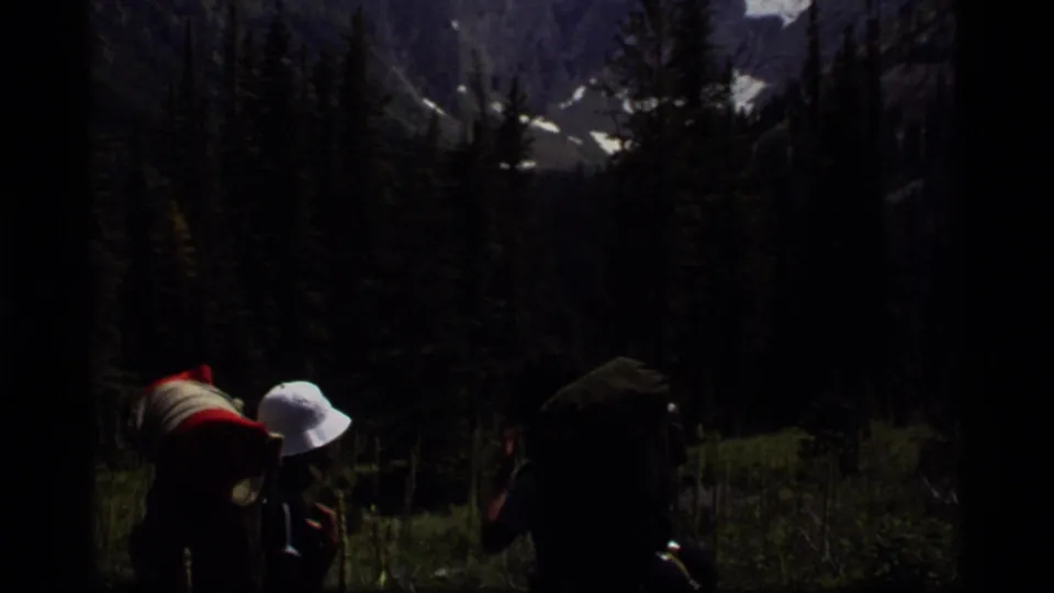 A darker 8mm frame shows backpackers from behind in shaded evergreens, with a bright mountain valley visible through the trees.