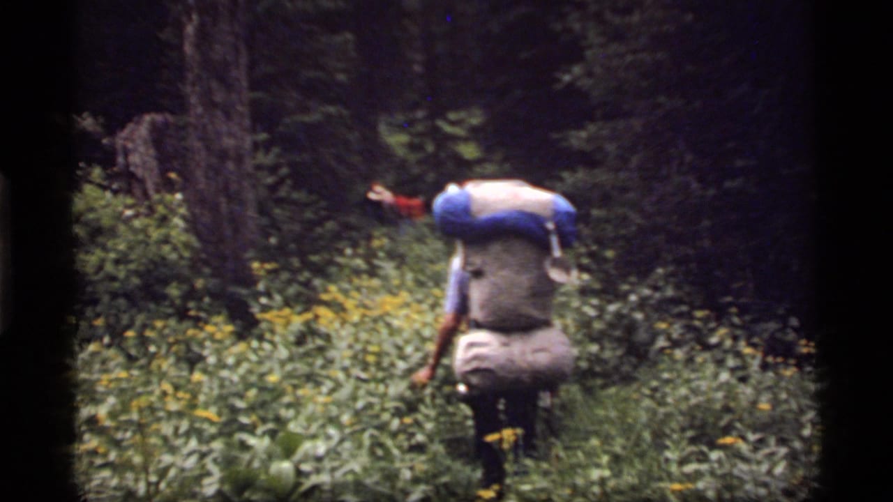 A backpacked hiker moves through a wooded Sapphire Lake, Montana trail in 1977 home-movie footage.