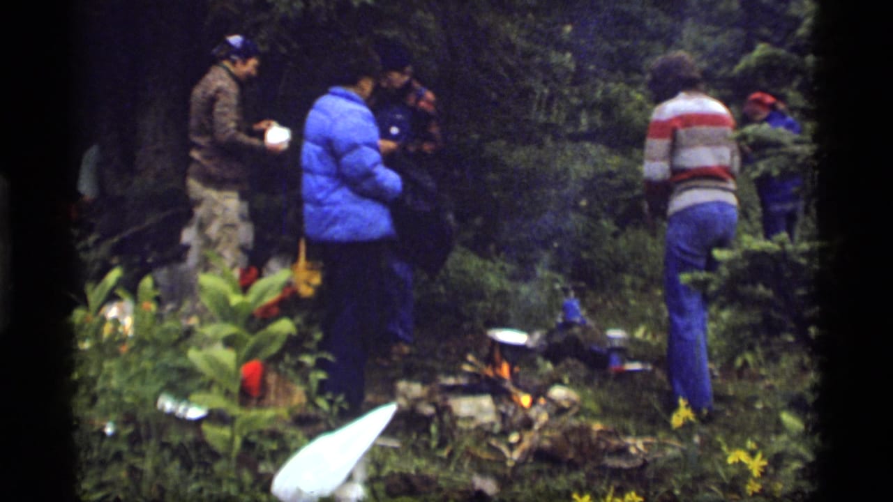 Campers gather beside a smoking campfire with pots and forest plants visible.