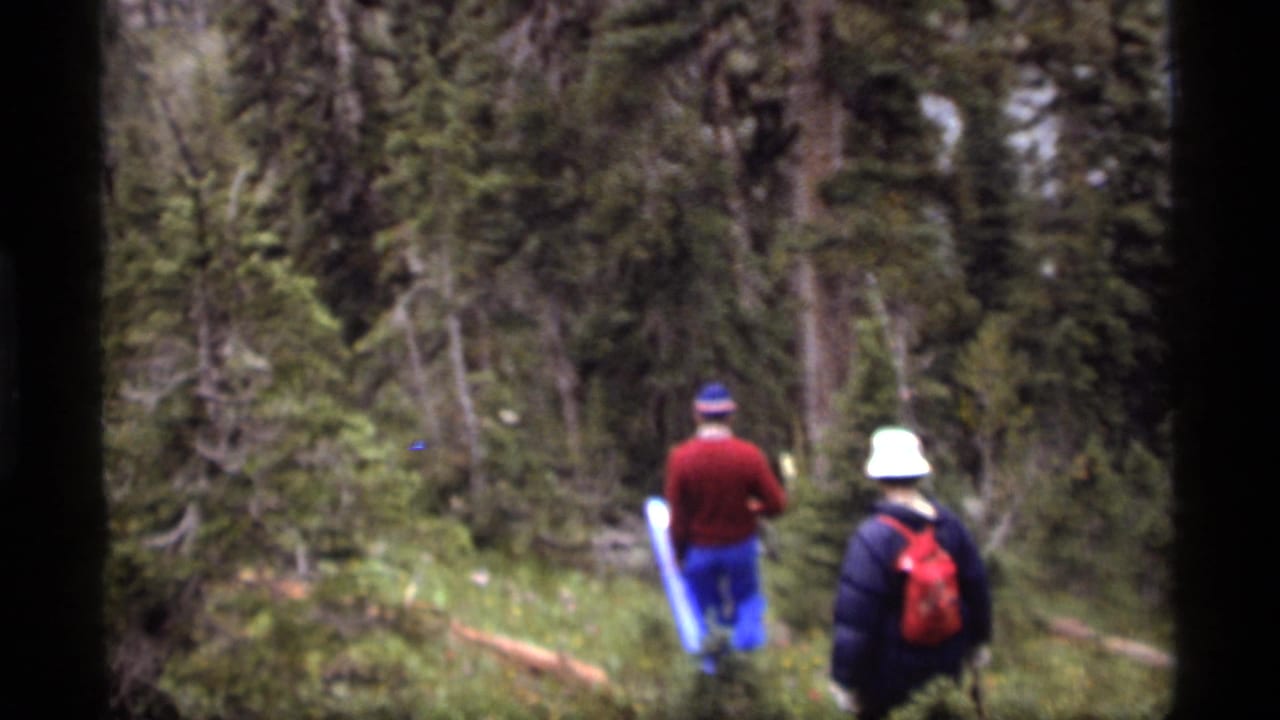 Two hikers in Sapphire Lake, Montana walk through dense woods in 1977 8mm home-movie footage, one carrying a blue object.