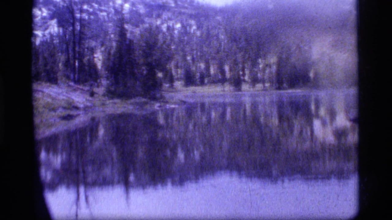 Calm forest lake with trees and hills reflected in the water.
