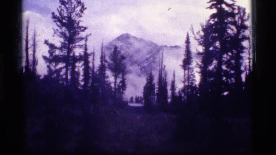 Purple-shifted 1977 home-movie frame of a Montana mountain partly hidden by mist and framed by tall trees.
