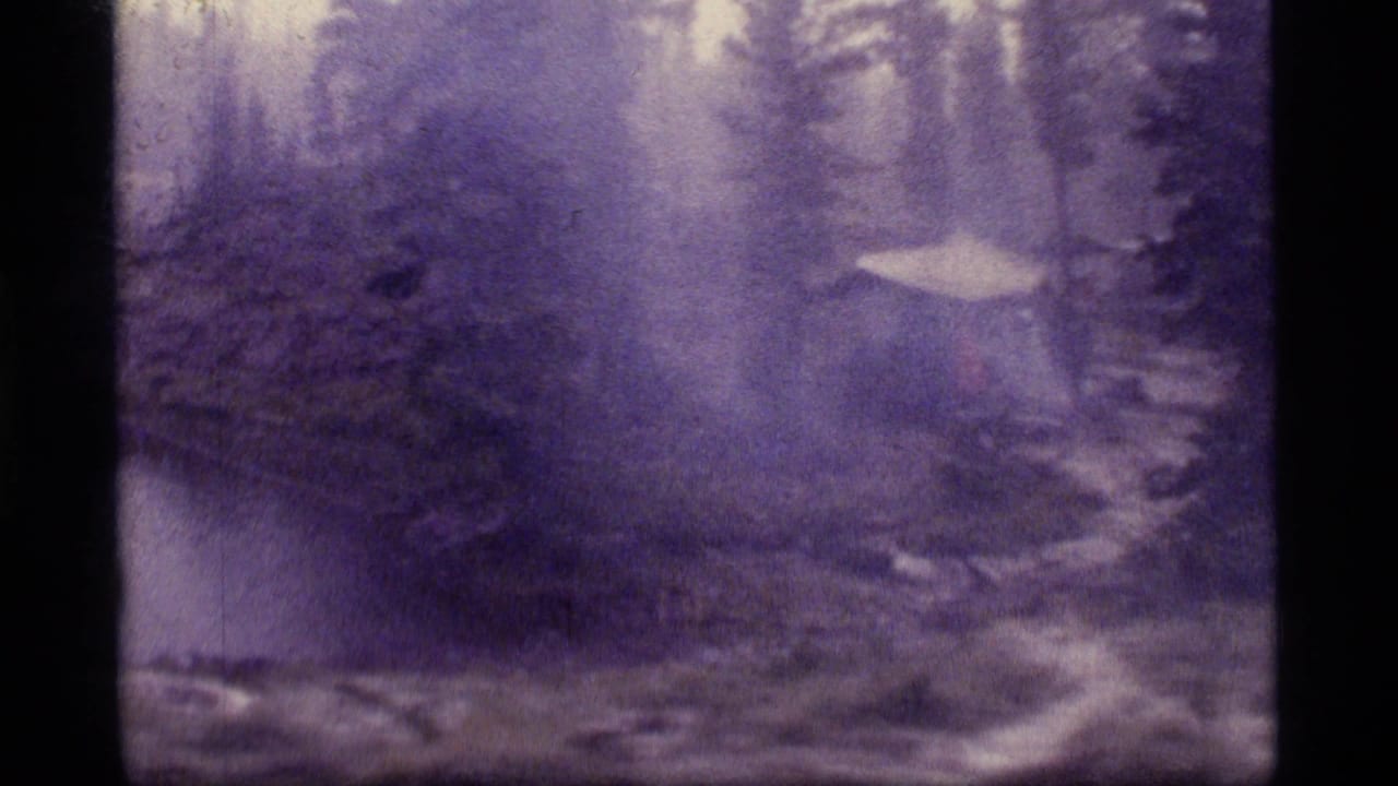 Misty lakeside campsite with tent partly visible through trees.