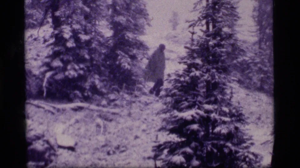 The adult figure continues through the snow-covered forest, partly obscured by soft focus and 8mm grain.