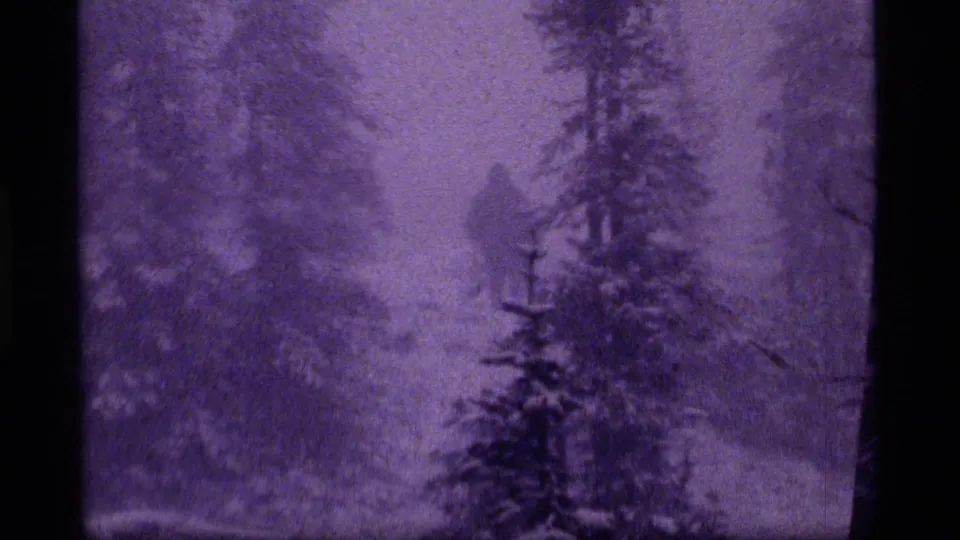 Soft purple 8mm view of a distant person walking through mist at Sapphire Lake, Montana in 1977.