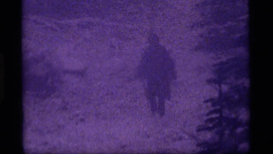 Purple-tinted 1977 8mm view at Sapphire Lake, Montana, with a hooded person partly visible in a snowy evergreen setting.