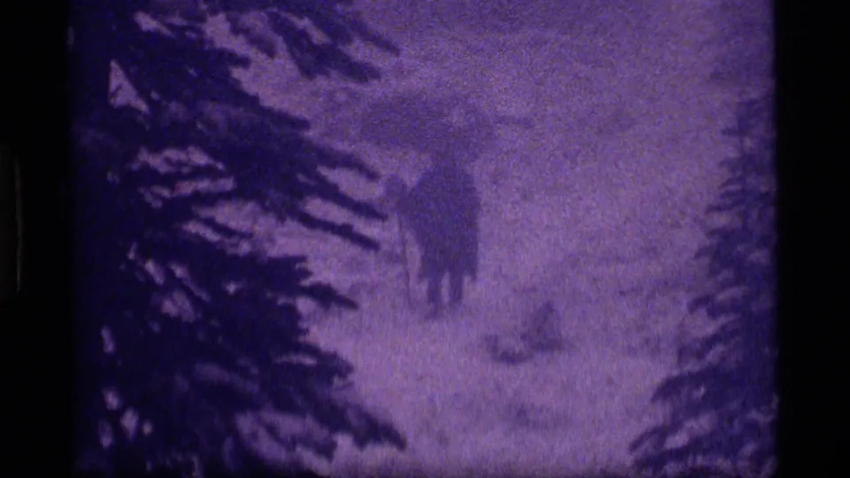 The 8mm frame shows a bundled person in a snowy Montana forest, partly softened by grain, exposure shift, and foreground conifer branches.