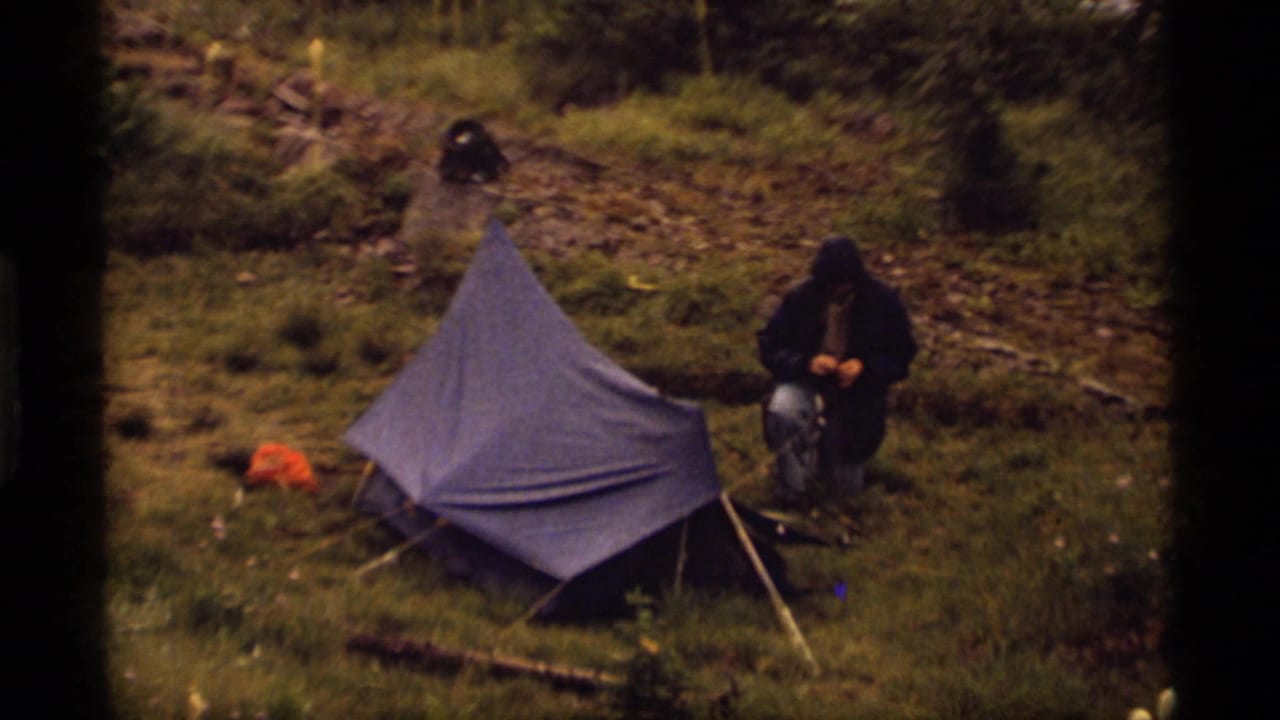 Hooded person kneeling beside a blue tent in a grassy forest clearing.