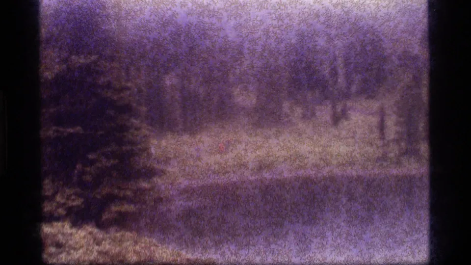 1977 home-movie frame of Sapphire Lake, Montana, with a small red figure along the shore beneath dense grain and purple color shift.