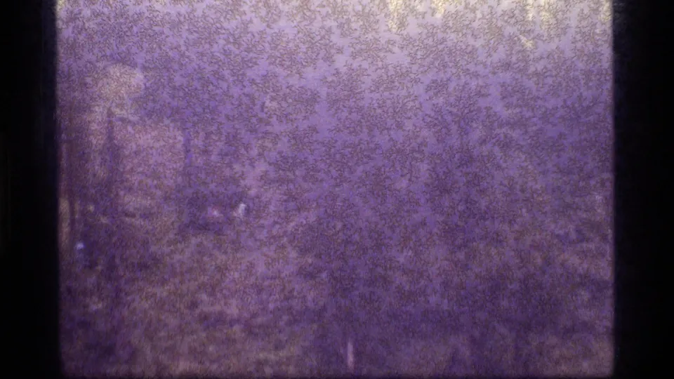 1977 Sapphire Lake 8mm reel frame showing purple grain, mottled texture, and dark gate edges without visible people or scenery.