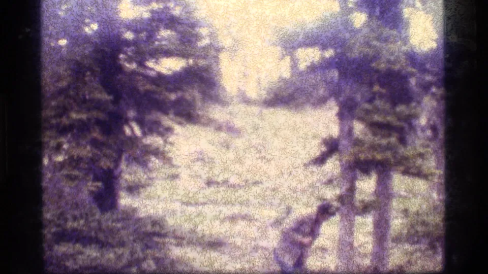 A grainy 8mm frame shows the man low to the ground beside trees in the Sapphire Lake wooded area, with strong purple-yellow aging in the film.