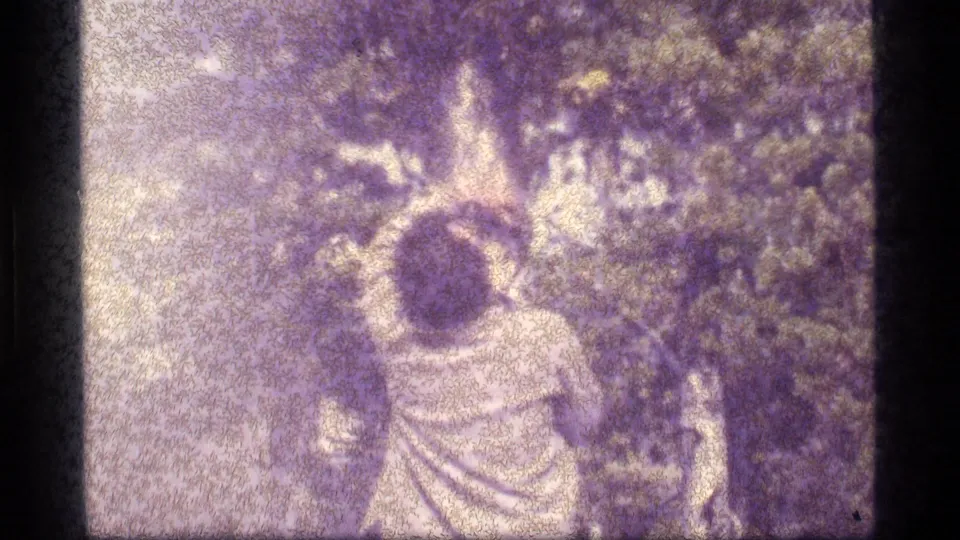 Back view in purple-tinted 8mm footage of a man standing near brush at Sapphire Lake, Montana, in 1977.