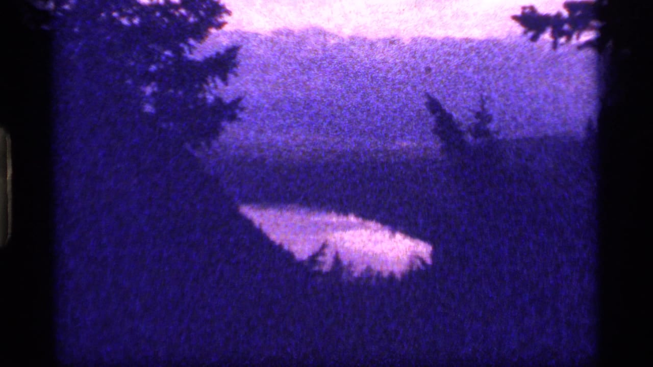 Wide lake view with evergreen silhouettes, purple color shift, and visible film border.
