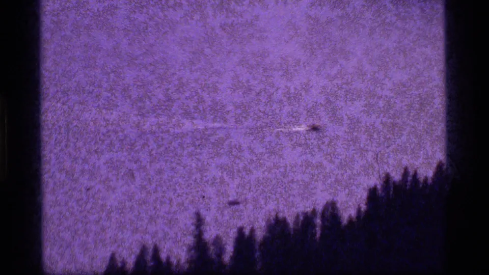 The final frame appears more abstract from exposure and grain, with dark treetops below a purple-toned sky or water surface.