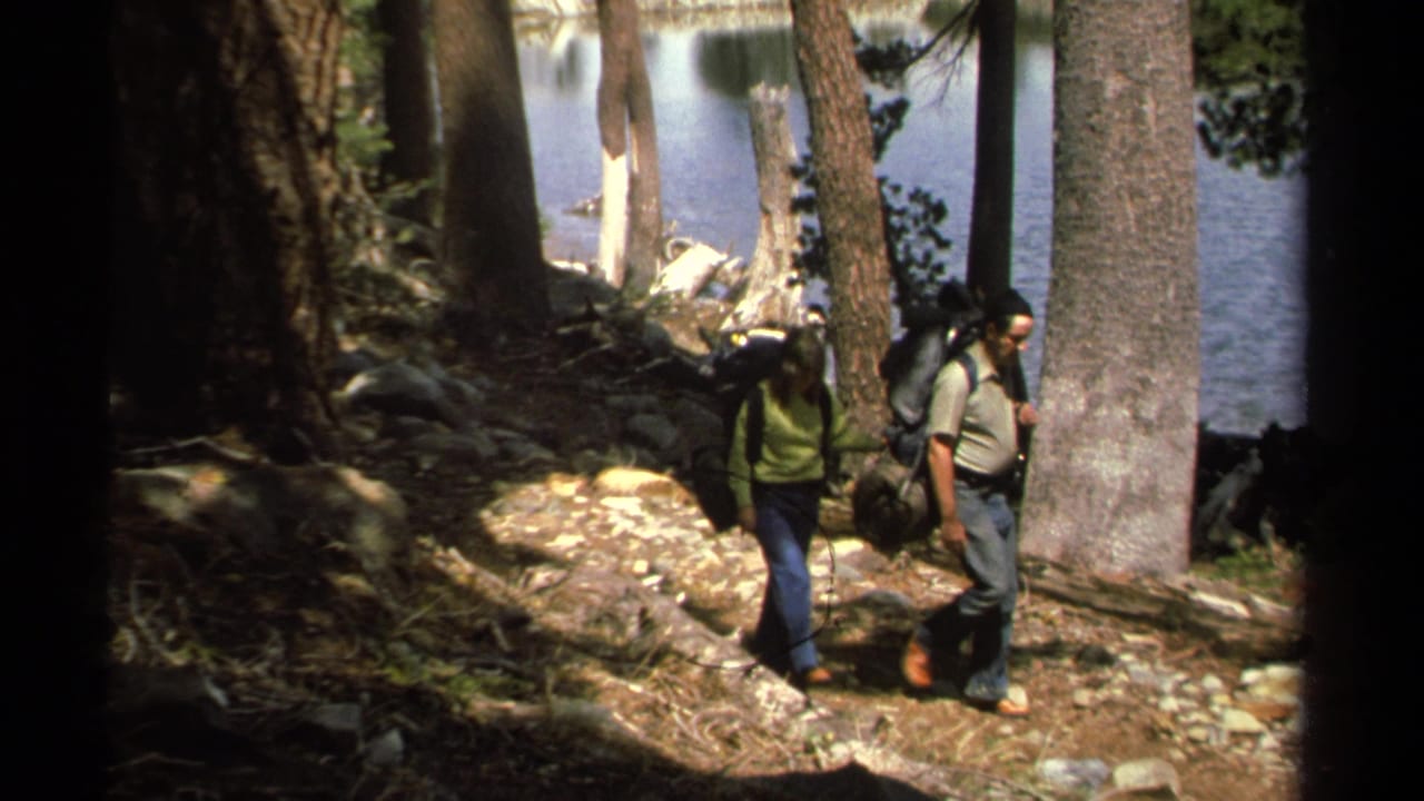 The hikers continue through a wooded Lake Tahoe trail area, carrying packs while sunlight breaks across rocks and tree trunks.